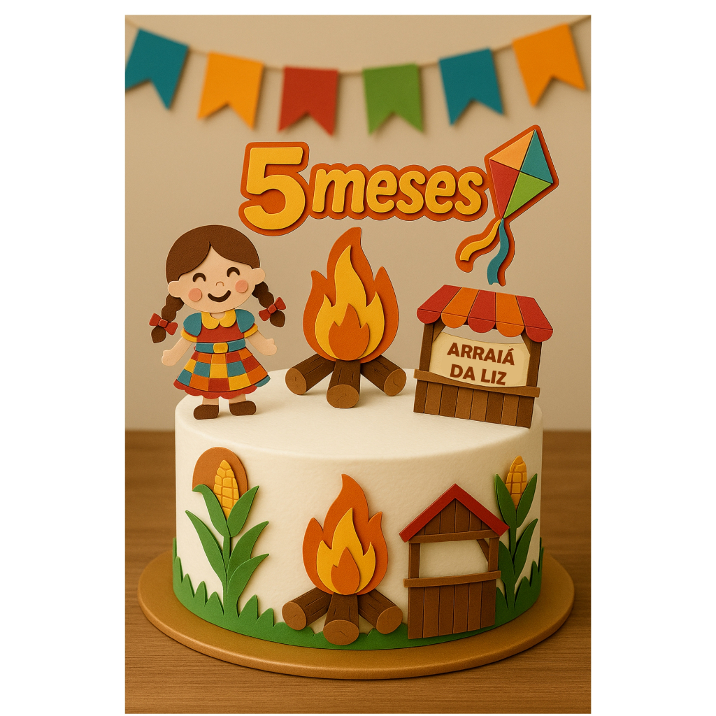 Topo de Bolo Arraiá Festa Junina Menina – Topper Junino Personalizado – Mesversário Junino – Decoração de Bolo São Joã
