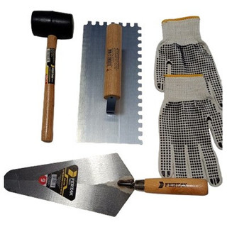 Kit Obra: Desempenadeira Dentada, Colher de Pedreiro, Martelo de Borracha + LUVA Kit Pedreiro.