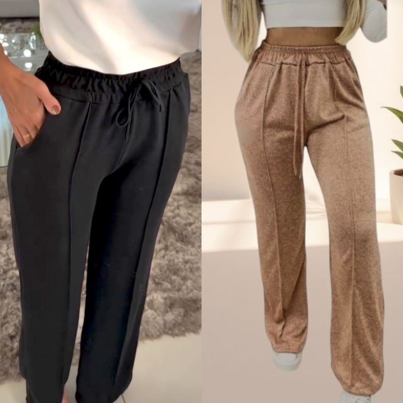 Calça Pantalona Feminina Outono Inverno Cintura Alta com Bolso e Elástico Tecido Lanzinha