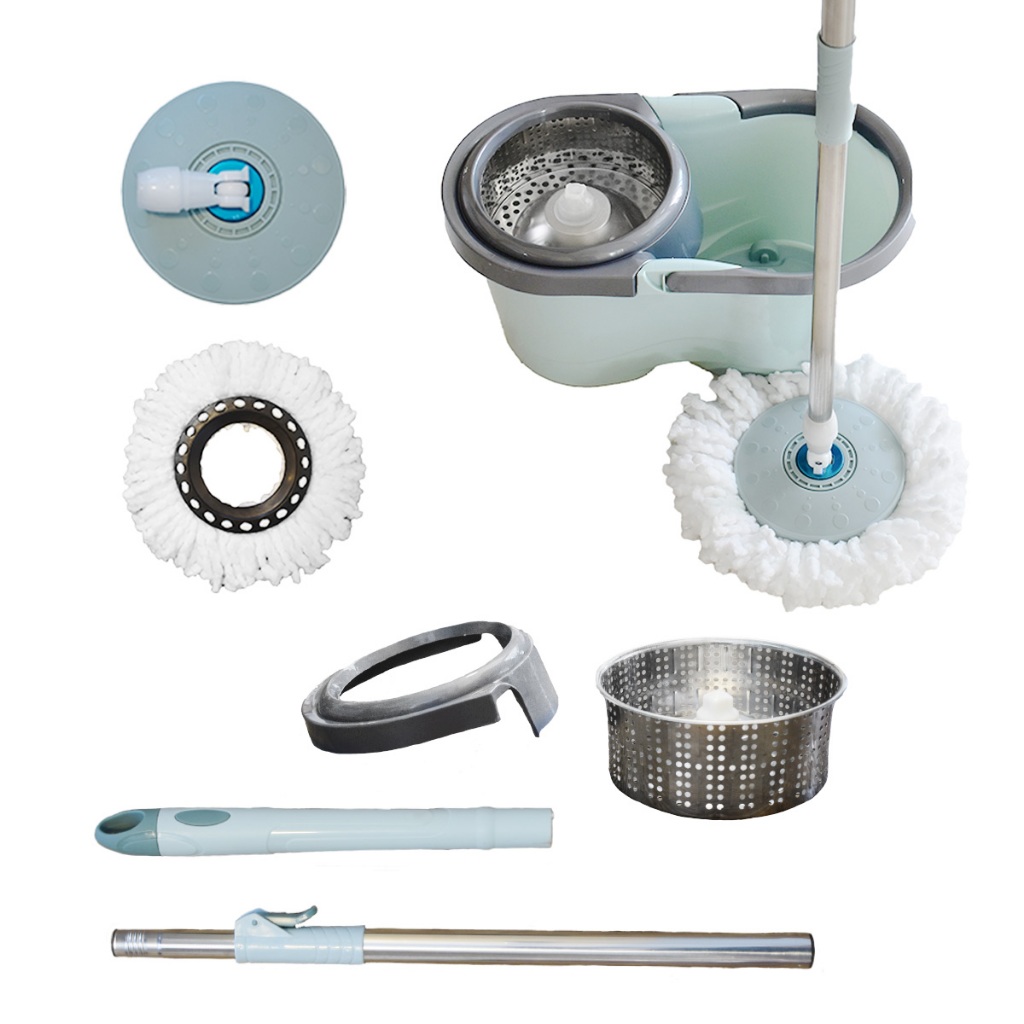 Mop Giratorio Com cabo de 140 cm Cesto Em Inox - Balde Centrífuga - C/2 Refil