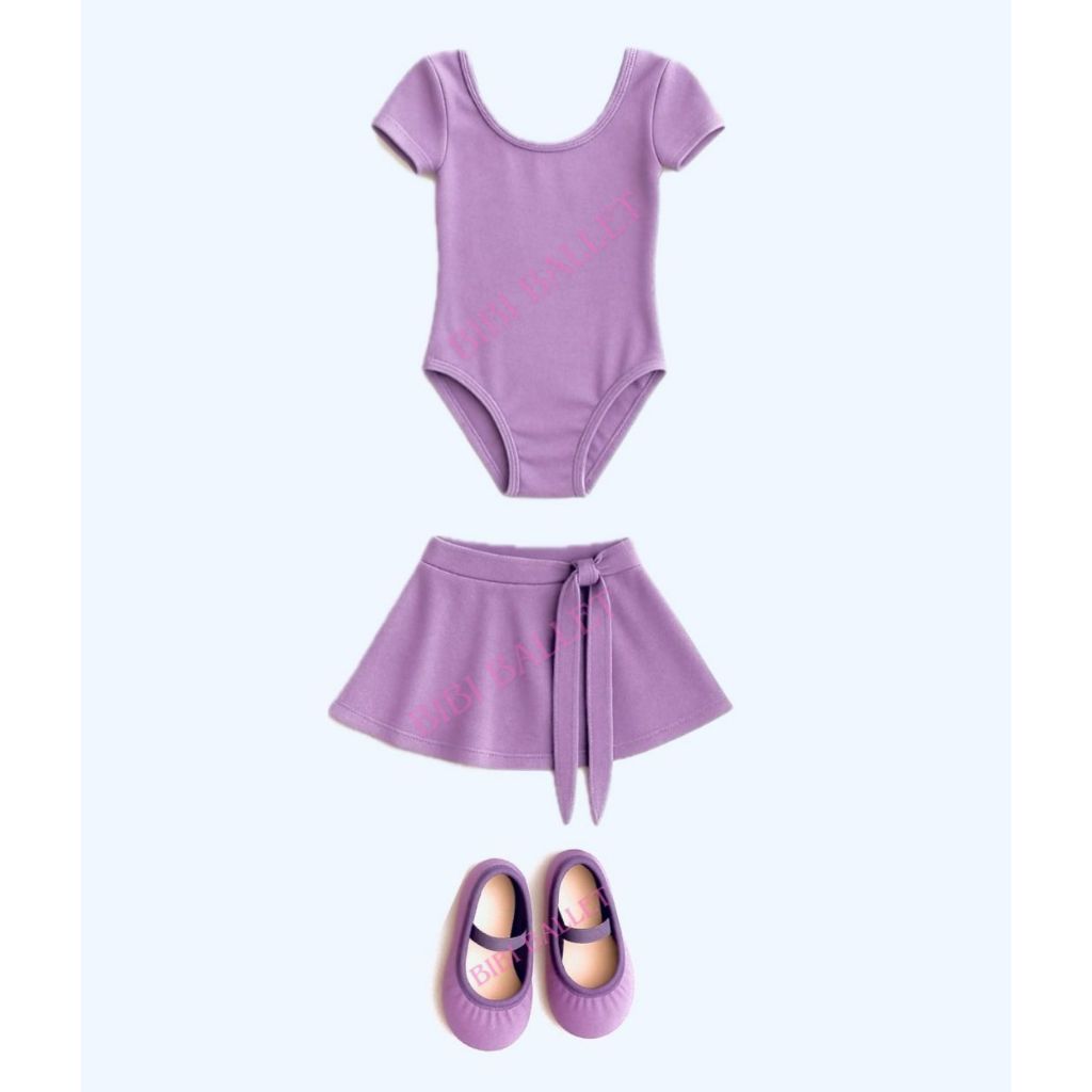 Kit 3 Itens (Ballet/Jazz Infantil) - Collant (COM MANGA), Saia de Transpassar e Sapatilha (LILÁS)