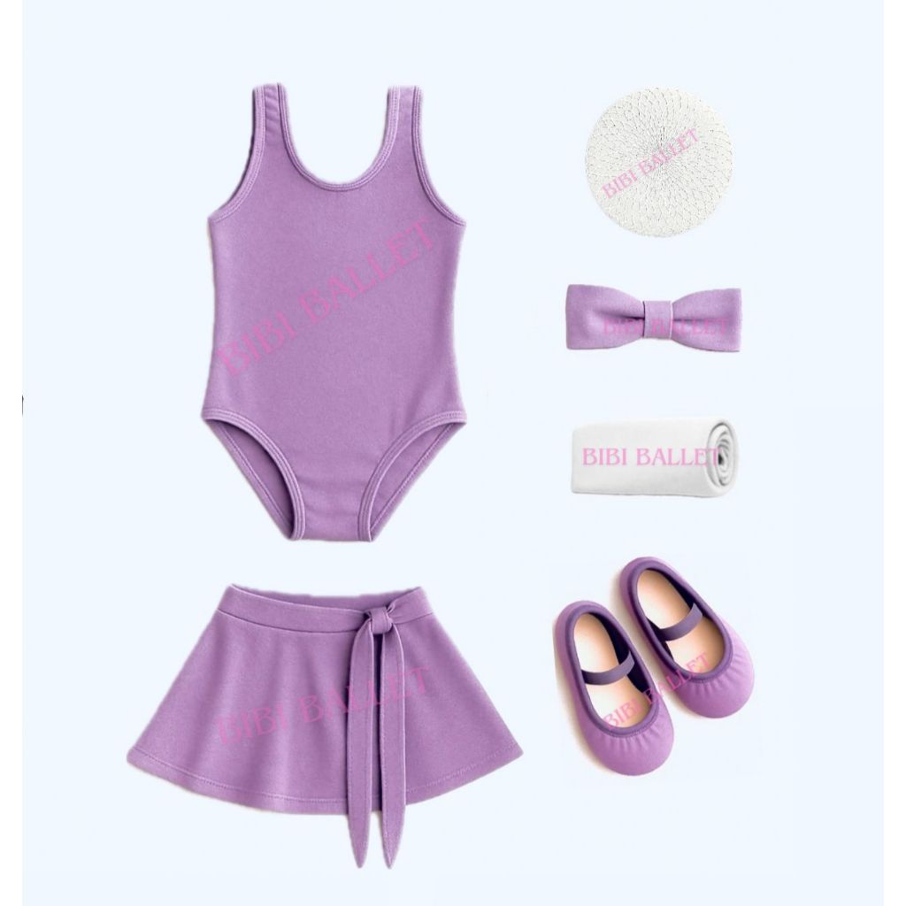 Kit 6 Itens (Ballet/Jazz Infantil) - Collant Regata, Saia de Transpassar, Sapatilha, Faixa, Rede e Meia (LILÁS)