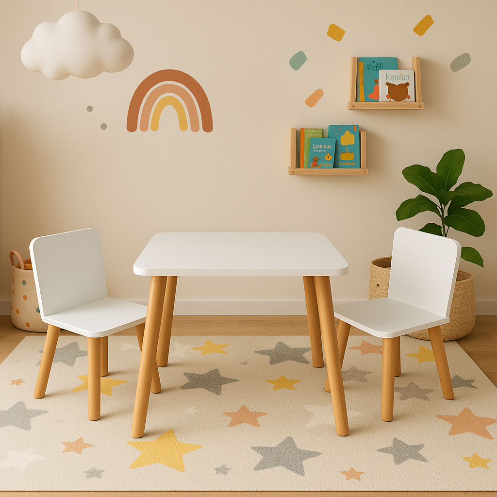 Mesa Infantil Multiuso Tampo de Mdf 60cm Pés em Madeira com 2 Cadeiras