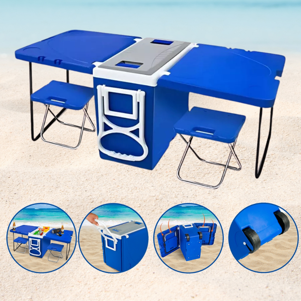 Super Caixa Térmica Cooler Mesa 32L com Rodas + 2 Banquetas – Arqplast | Para Praia, Camping e Churrasco