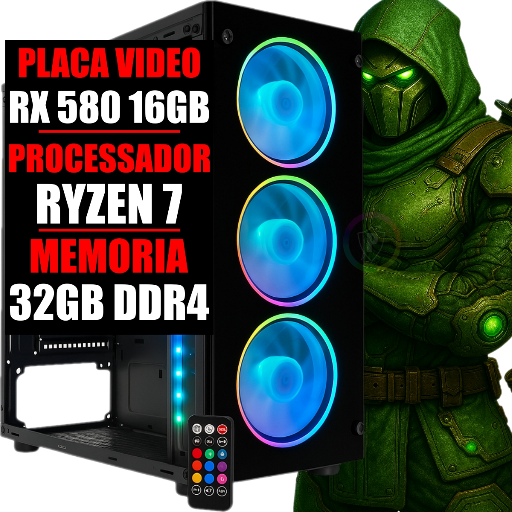 Computador PC Gamer Completo Ryzen 7 / Placa Video 16GB DDR5 / 32GB Ddr4 / SSD 480GB
