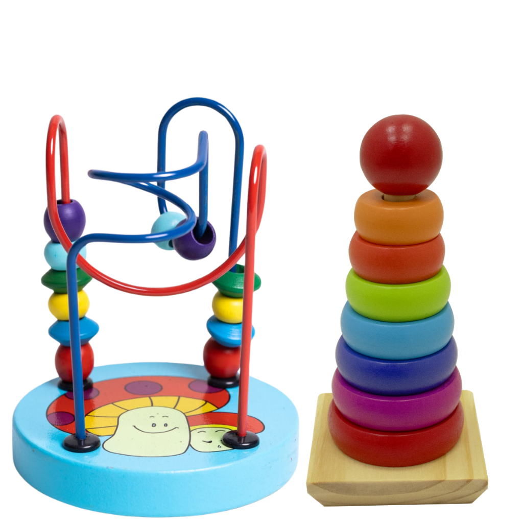 Kit 2 Brinquedos Educativos Montessori Torre Colorida e Aramado Montanha Russa