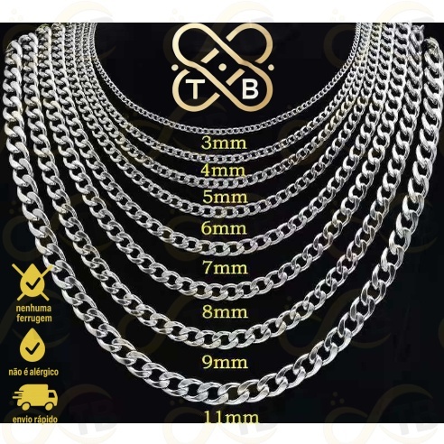 TB Colar Corrente Masculino Aço Inox Prata Prateado banhado a ouro Garantia Eterna Não Perde a Cor