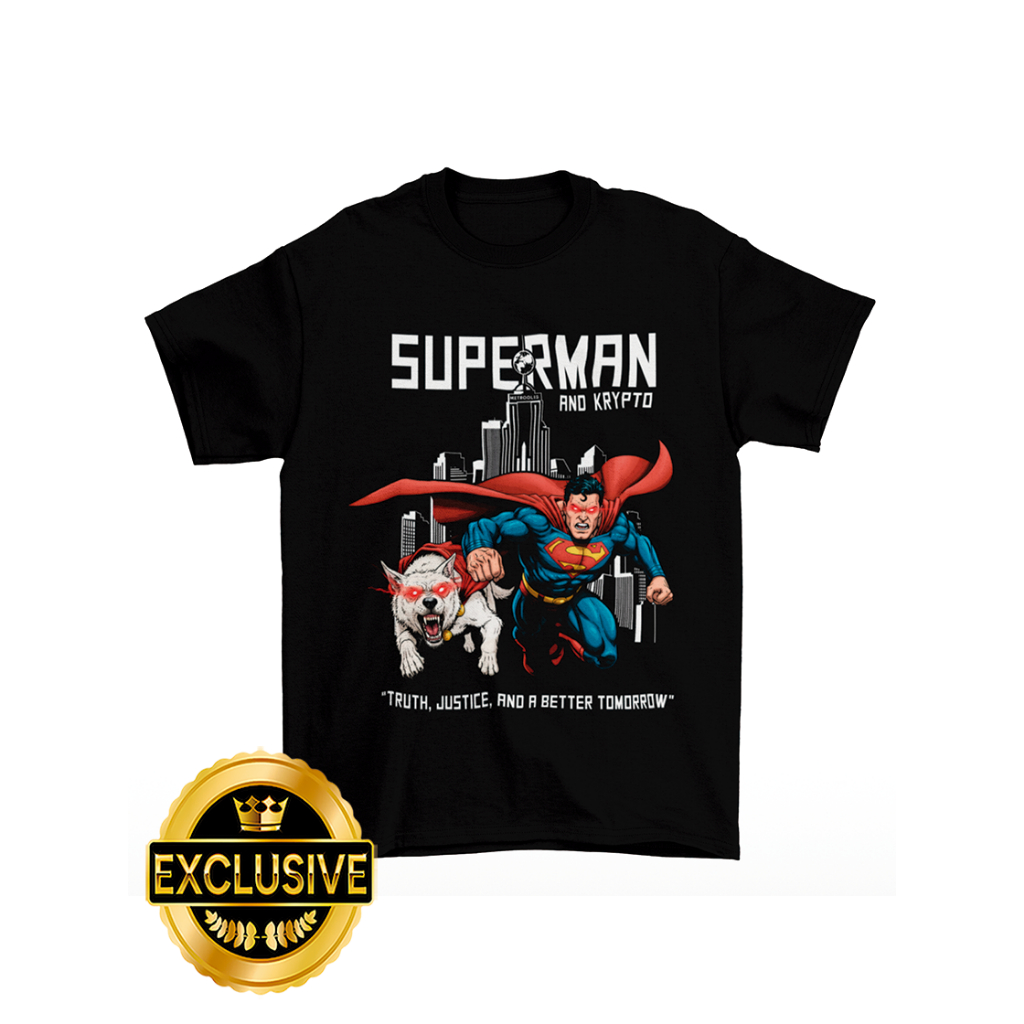 Camiseta Superman e Krypto DC Comics Quadrinhos Herói Geek Camisa Preta Unissex Masculina Feminina Algodão DTF