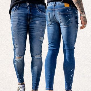 Calça Jeans Masculina Skinny Escura com Rasgos em Oferta na Shopee