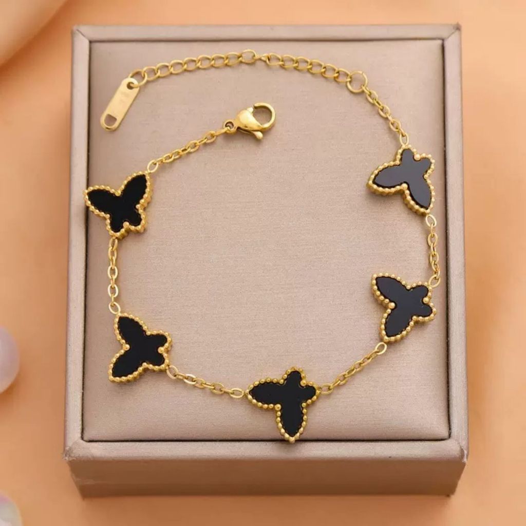 Pulseira borboleta de alta qualidade com design de nicho em madrepérola dupla face, aço inoxidável 18K, mais vendida no