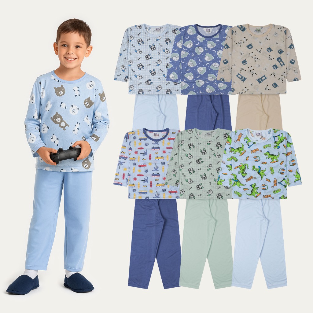 Kit 4 Peças Pijama Estampado Infantil Menino 2 Blusas + 2 Calças 100% Poliéster Tam 2 ao 8 SORTIDO