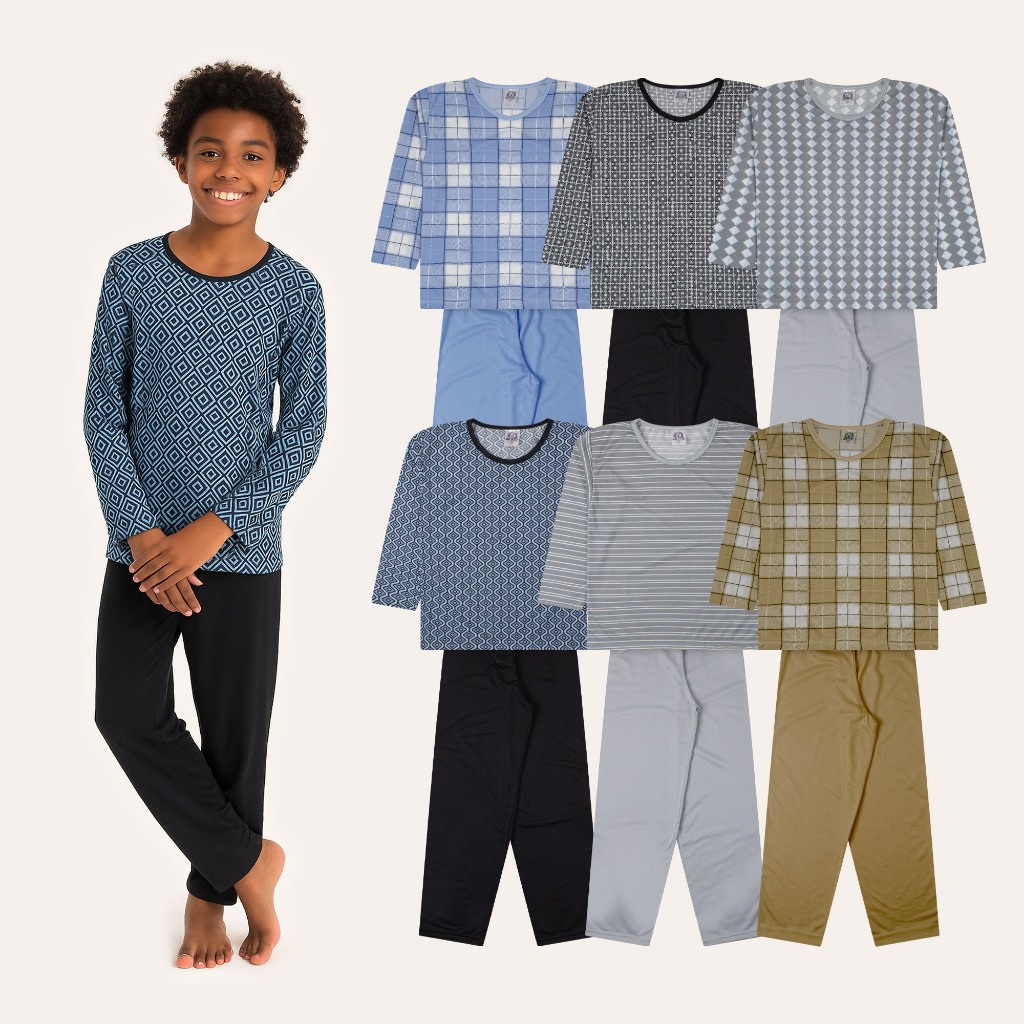 Kit 6 Peças Pijama Estampado Infantil Juvenil Masculino Menino 100% Poliéster Tam 10 ao 16 SORTIDO