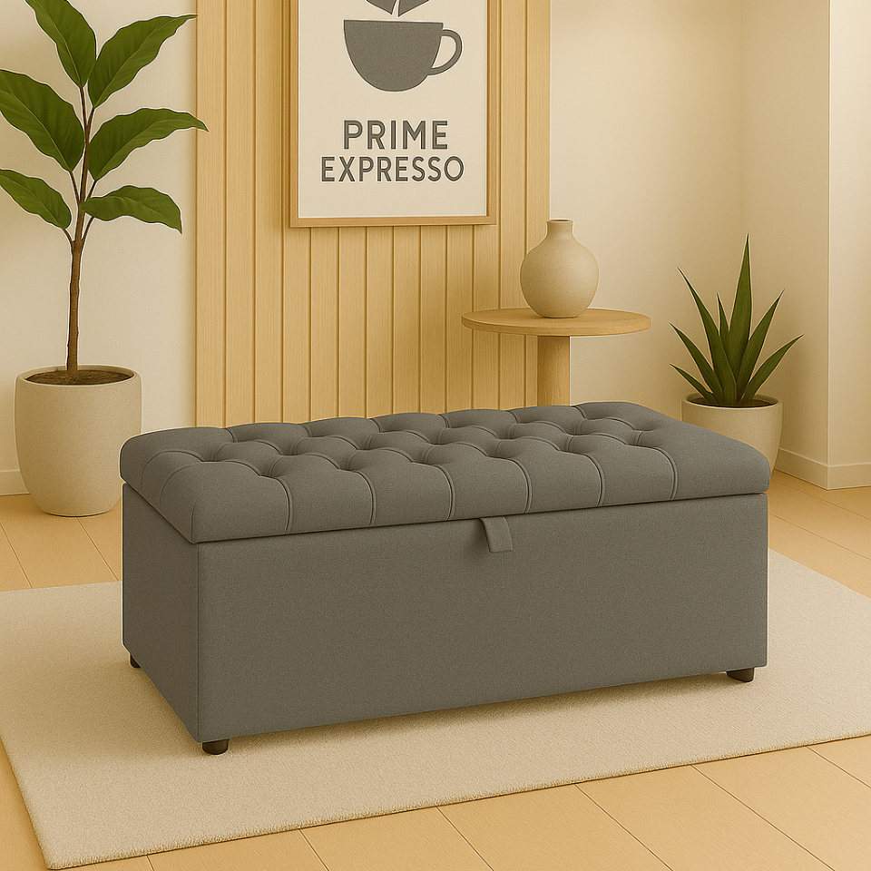 Puff Baú pé de cama 90 cm no Sued Capitone Organizador e Sapateira (Porta Objetos e Brinqu...