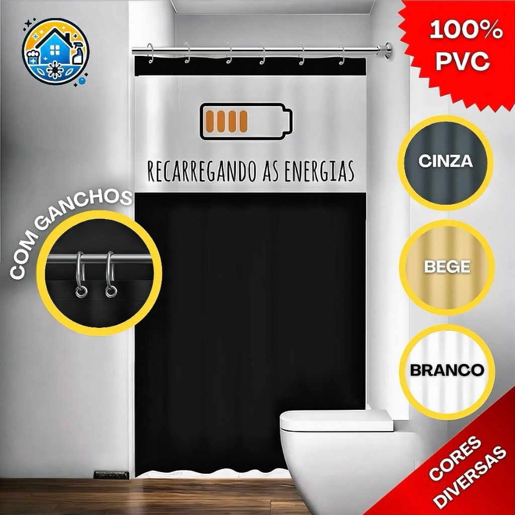 Cortina Box com Visor Recarregando Energia Para Banheiro Antimofo Resistente 100% PVC -Várias Cores - Envio Imediato