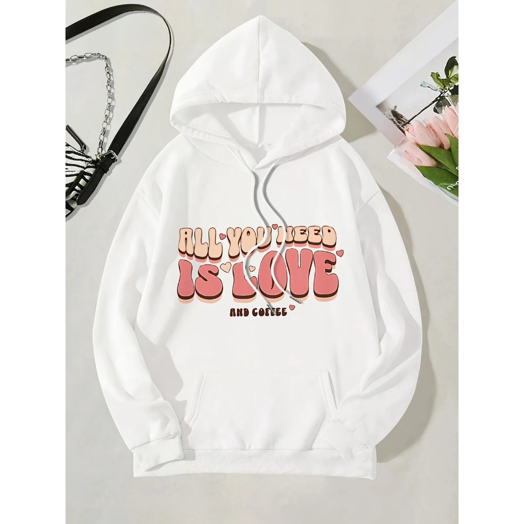 Moletom com capuz estampado gráfico ``All You Need Is Love´´ e cordão, blusa de moletom casual Unisex no inverno e outon