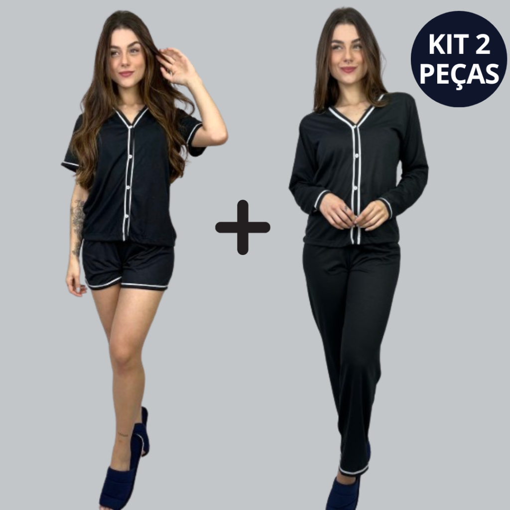 KIT 2 Pijamas de Botão Blogueirinha Amamentação Curto + Longo Cirúrgico