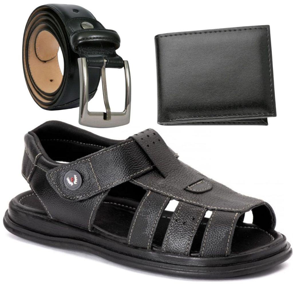 Dia dos Pais kit Combo Sandália Masculina De Couro e solado de borracha + Carteira + Cinto Casual Social