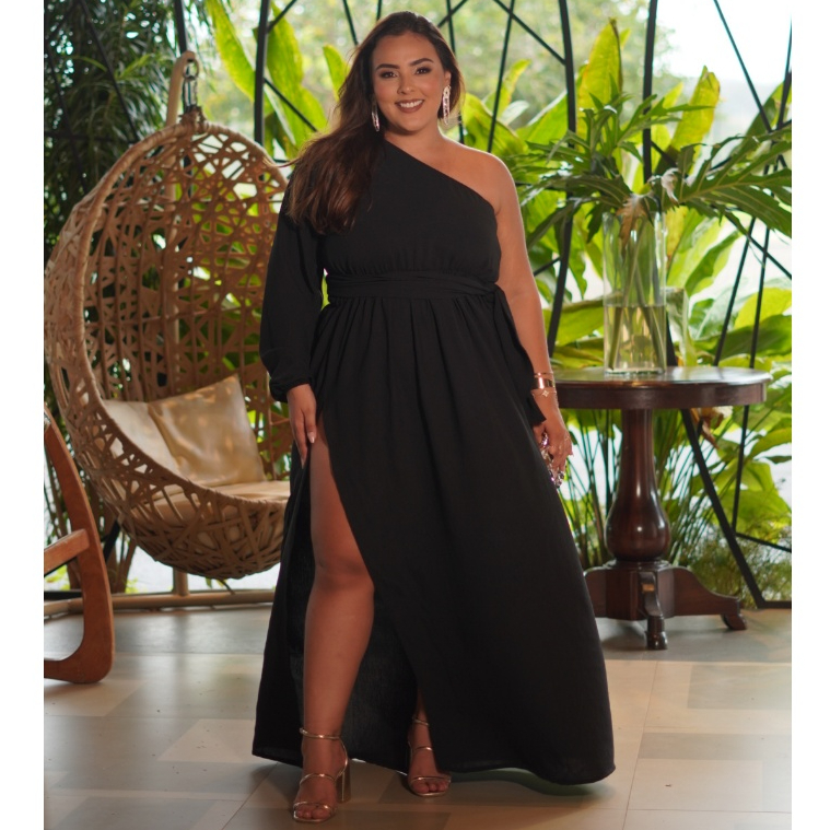 Vestido Longo Festa Plus Size Mula Manca Faixa Amarração Fenda Lateral Elegante Soltinho Ajustável