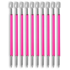 Kit 10 Espátula Bastão Palito Cutícula Profissional Inox Silicone Dupla Face Manicure Pedicure Rosa