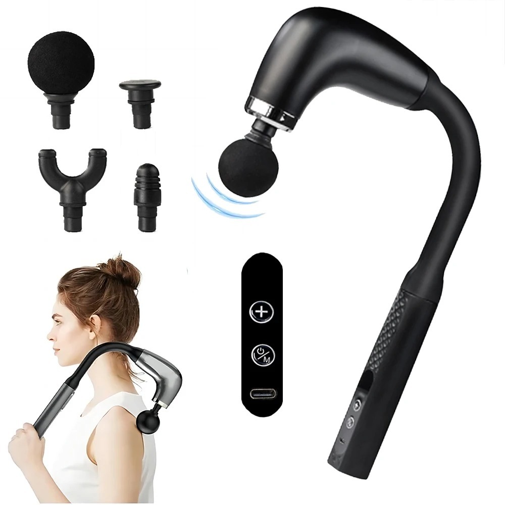 Massageador Gun Portátil Alongado Muscular 4 em 1 Com 6 Velocidades 3 Modos Para Pescoço Cintura E Ombro Ergonômico