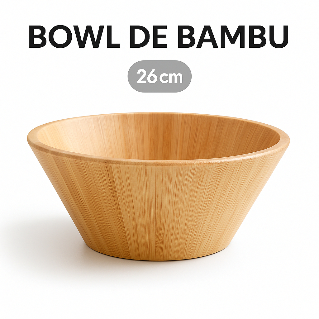 Kit Saladeira Bowl De Bambu Tigela 26cm Para Salada Com Pegador