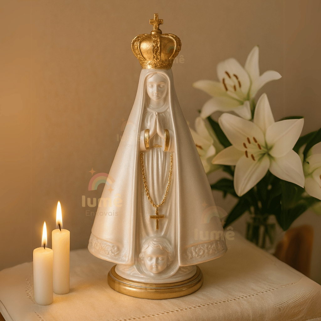 Imagem Nossa Senhora Aparecida 25cm grande com Base Perola com dourado para altar ou presente em Oferta na Shopee