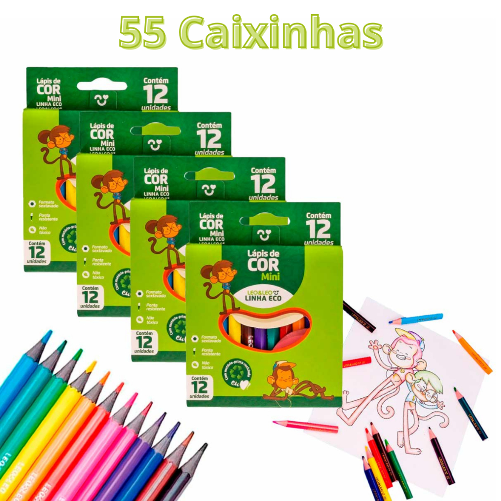 Kit 55 Caixas Lápis Cor Mini 12 Cor Escola Desenho Pintura