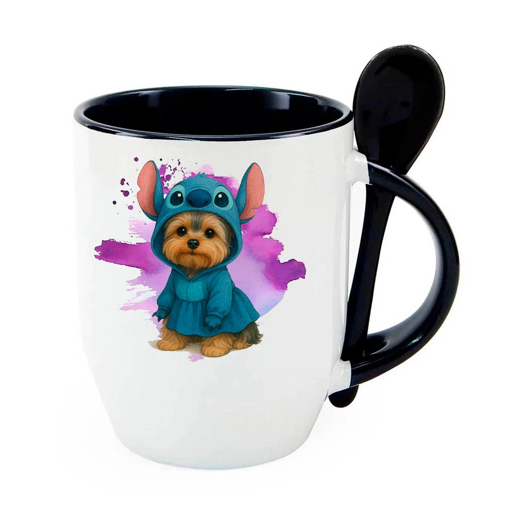 Caneca Com Colher Yorkshire Stitch Porcelana Personalizada 355ml Presente Fofo - 25022