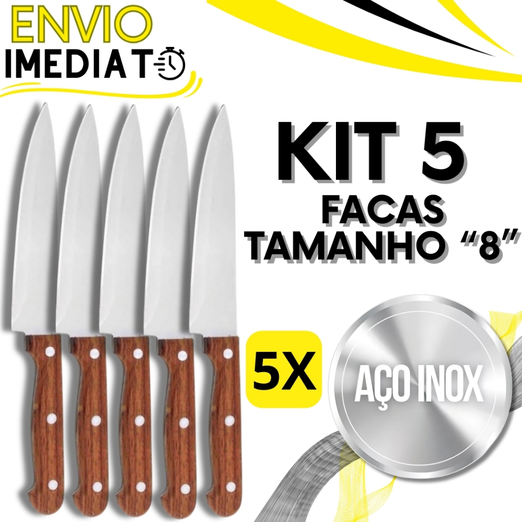 KIT Jogo 2/5 Unid Faca De Cozinha Churrasco Afiada Inox Profissional GRANDE Cabo Madeira para Casa Cozinha Açougue 33CM