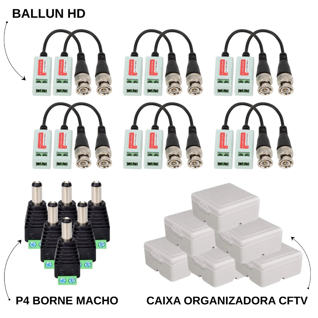 KIT 6 Pares de Video Balun [Parafuso] + 6 Caixas Organizadora + 6 Conectores P4 Borne