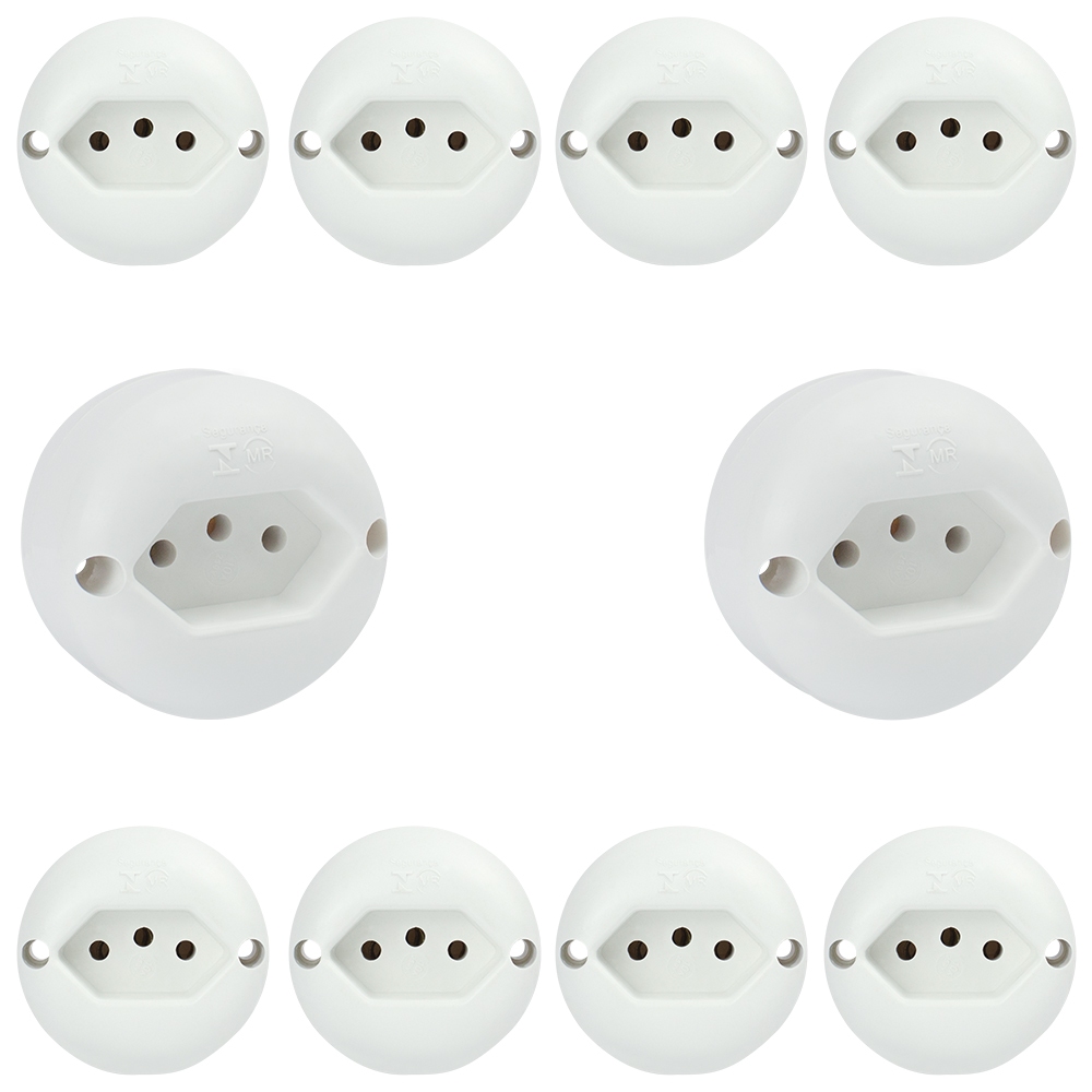Kit Com 10 Tomadas Redonda Externa 2p+t Nbr 250v 10A Com Inmetro Bivolt 127V e 250V Branco