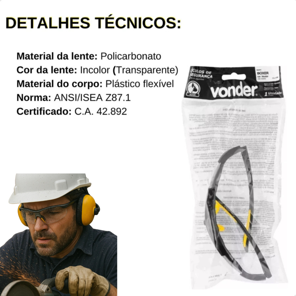 Óculos De Proteção Epi Segurança Boxer Visão Tático Lindão Vonder lente INCOLOR