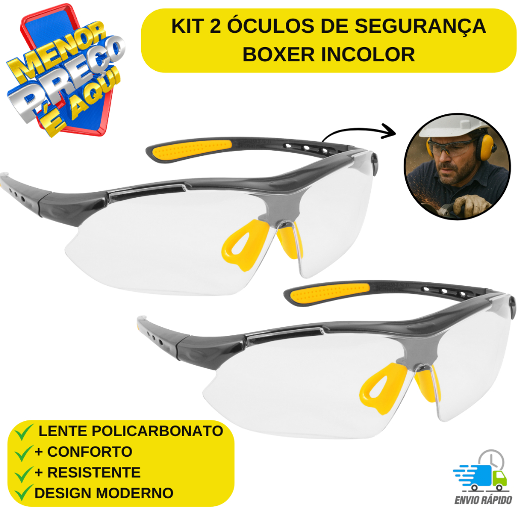 Kit 2 Óculos De Proteção Epi Segurança Boxer Visão Tático Lindão Vonder lente INCOLOR