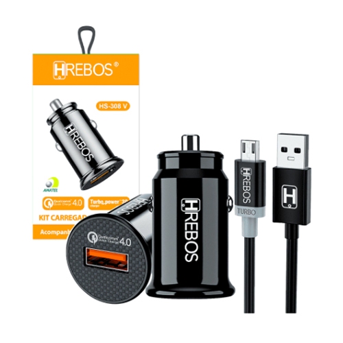 Carregador Veicular Turbo HRebos HS-308v com cabo Micro USB V8 Compatível Samsung A01 A02 A03 A10 A10s Moto E6s E7 Plus