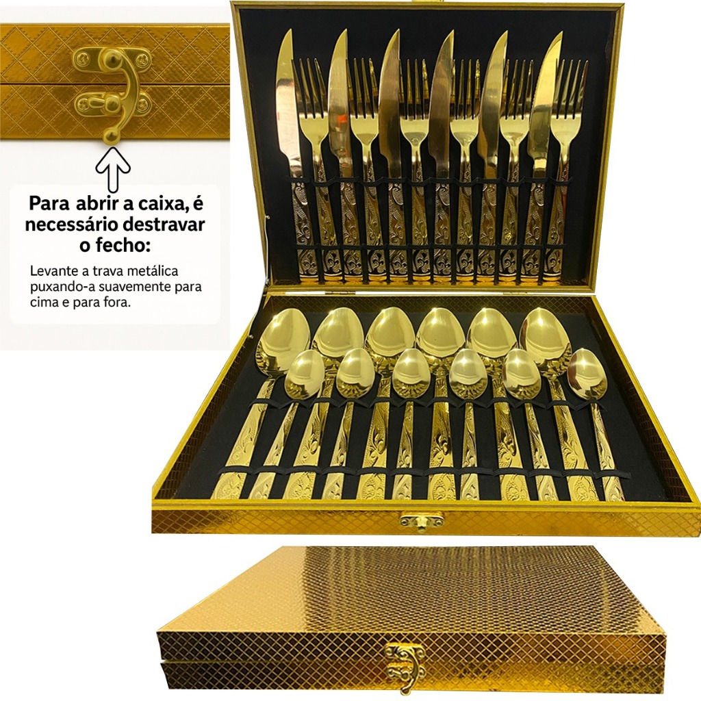 Kit Faqueiros e Maleta Em Inox Dourado Kit 24 Peças Conjunto De Faqueiros Jogo Talheres Co...
