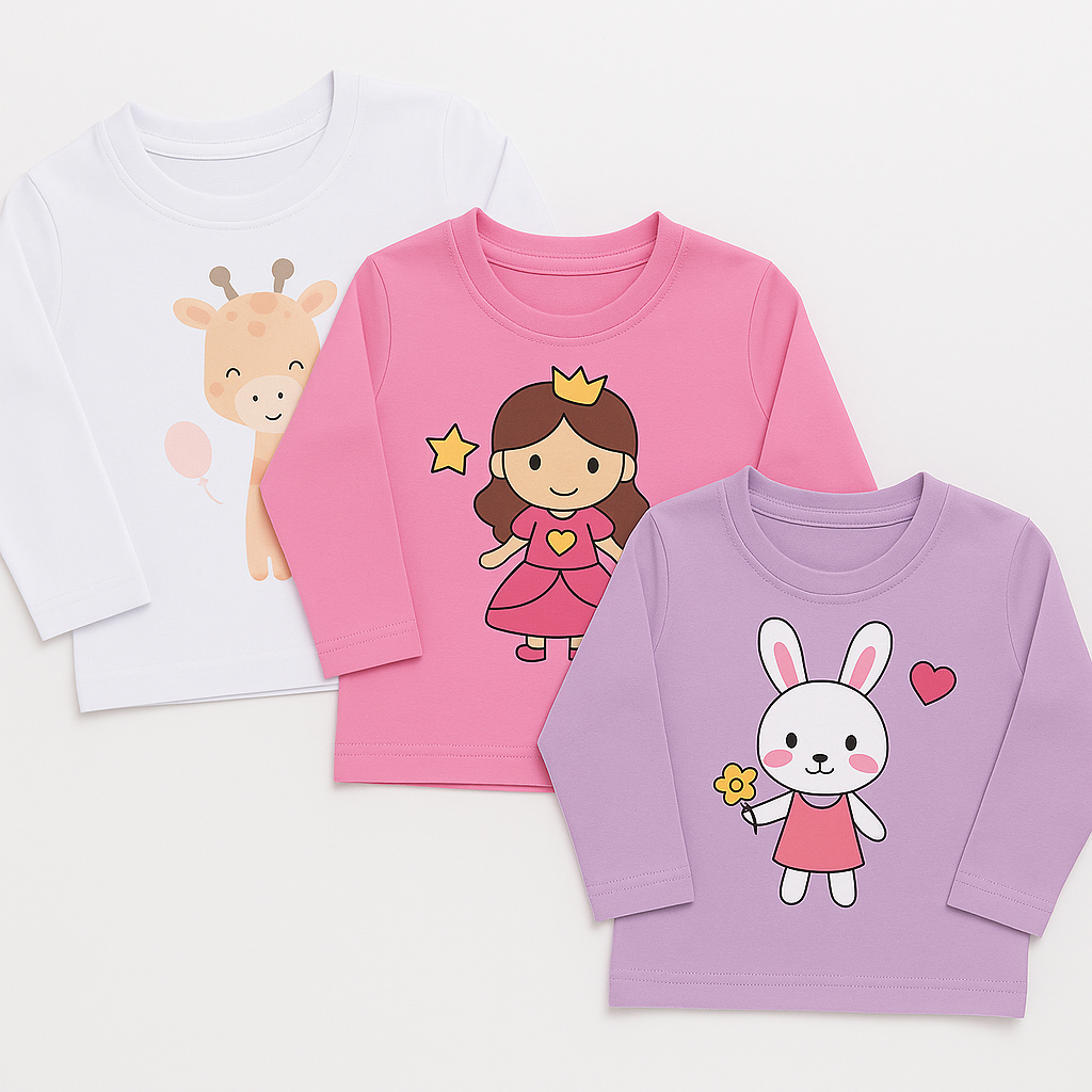 KIT 3 Camisetas Manga Longa Estampada 100% Algodão Menino/Menina em Oferta na Shopee