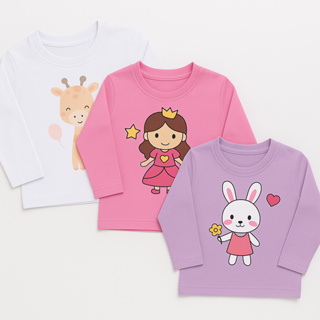KIT 3 Camisetas Manga Longa Estampada 100% Algodão Menino/Menina em Oferta na Shopee
