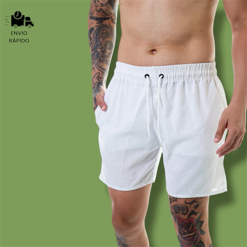 Short Linho Branco Masculino Mauricinho Bermuda Curta Moda Casual Atacado 3 Bolsos Praia Verão Bolso Faca