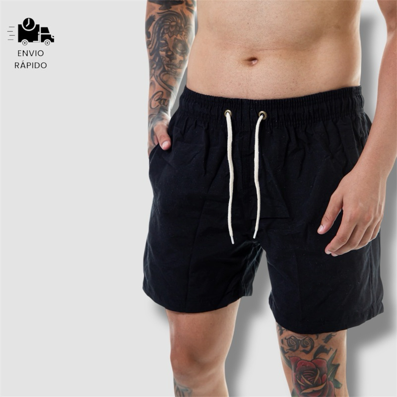 Short Linho Preto Masculino Mauricinho Bermuda Curta Moda Casual Atacado Praia Verão Bolso Faca