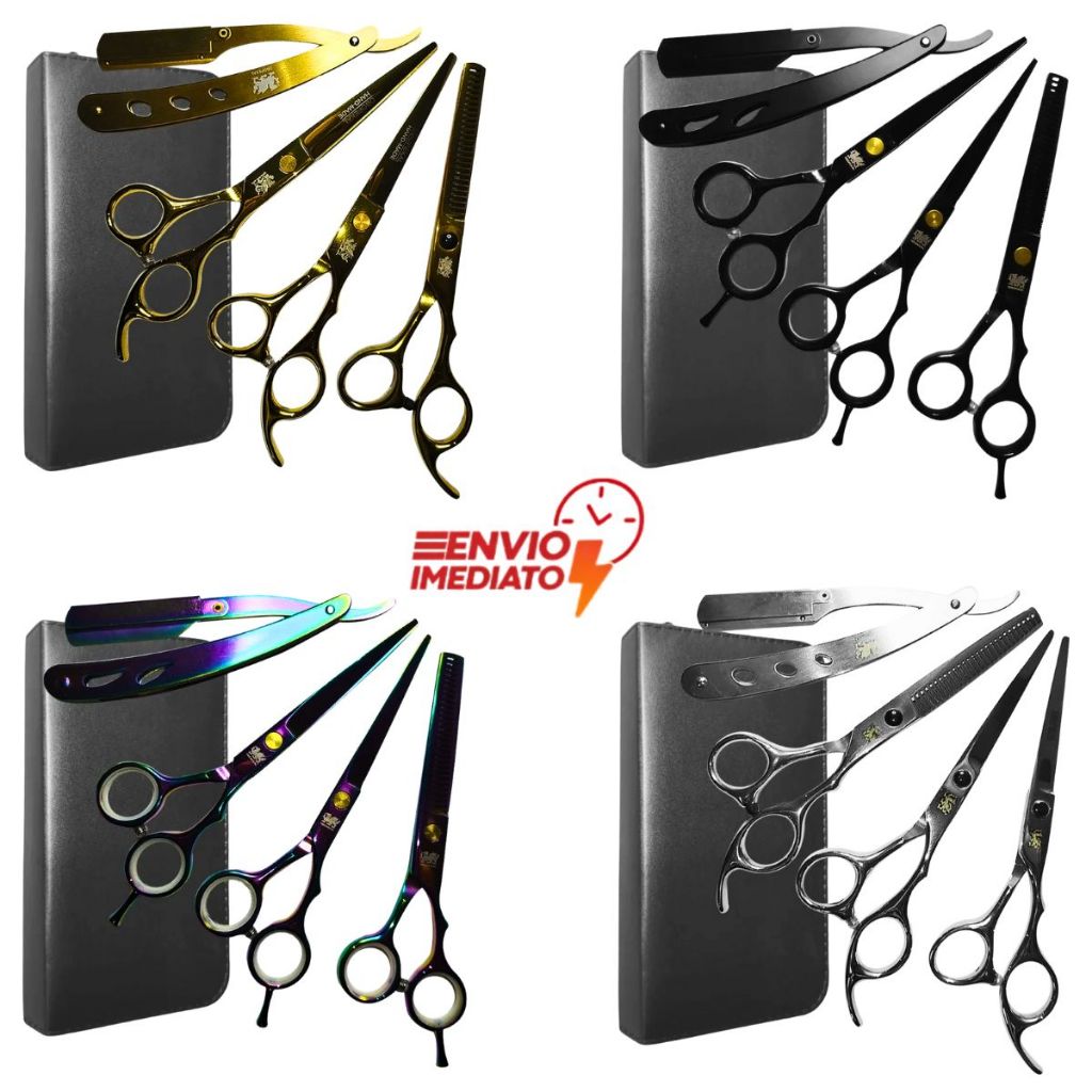 Kit com 3 Tesouras Pretas Profissionais - Fio Laser 6,0 Navalha Desfiadeira Obopekal Barbeiro