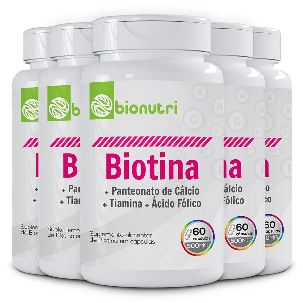 Kit 5x Biotina Panteonato de Cálcio + Tiamina + Ácido Fólico (60 cápsulas) - Bionutri
