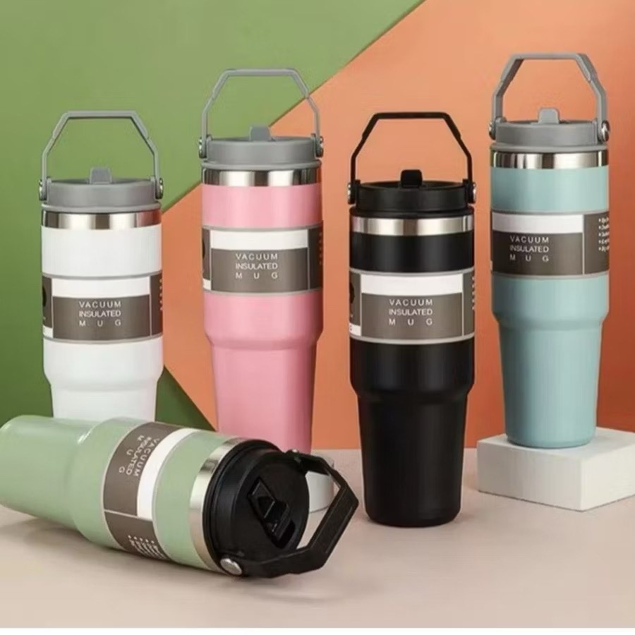 Copo Térmico Inox 900ml Com Tampa Alça e Canudo Térmica Inoxidável