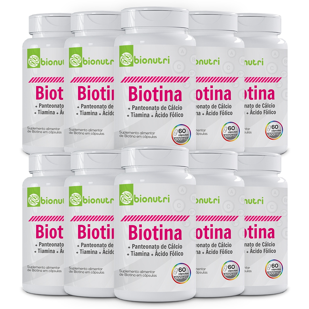Kit 10x Biotina Panteonato de Cálcio + Tiamina + Ácido Fólico (60 cápsulas) - Bionutri