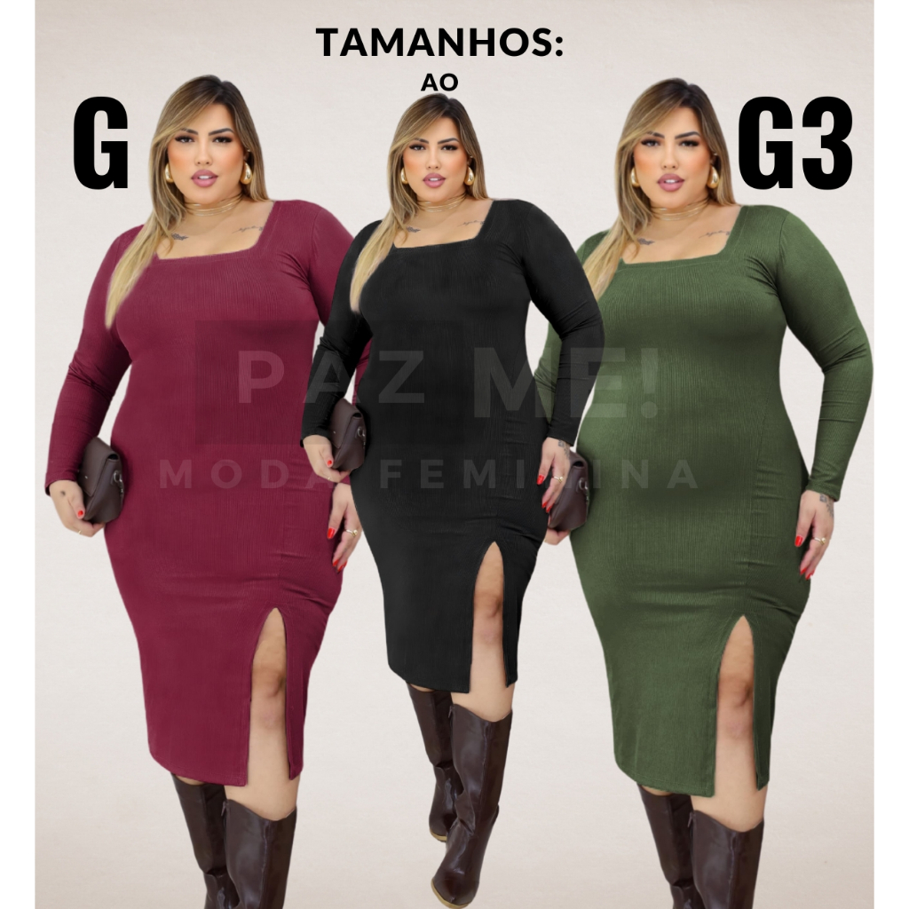 Vestido Midi PAZME Plus Size Manga Longa Gola Quadrada em Oferta na Shopee