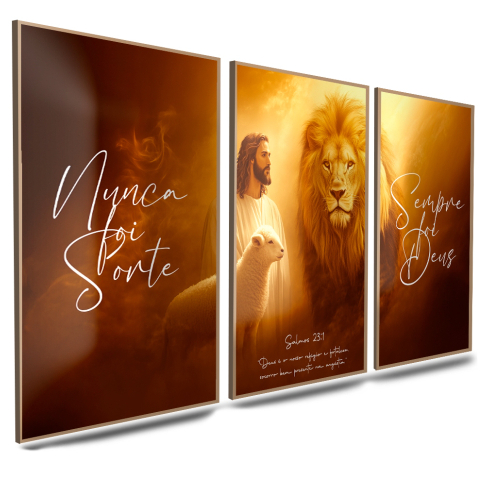 Kit Quadros Decorativos com 3 peças Religioso Jesus Leão Salmo 23 Nunca foi Sorte Sempre Deus