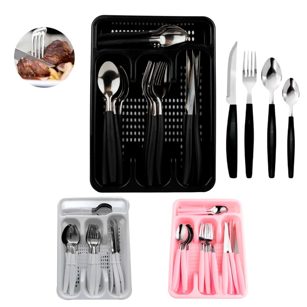 Jogo De Talheres inox Faqueiro Porta Talher Com 25 Peças Preto Branco E Rosa Oliver Home em Oferta na Shopee
