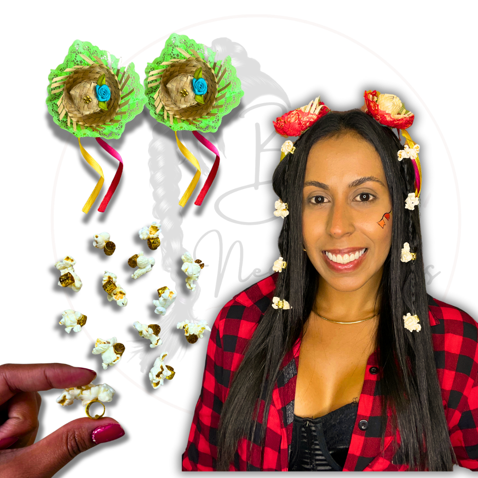 Kit Penteado Junino Presilha chapéu de palha + Xuxinha de Pipoca Enfeite De Cabelo Festa Junina Laço Junino