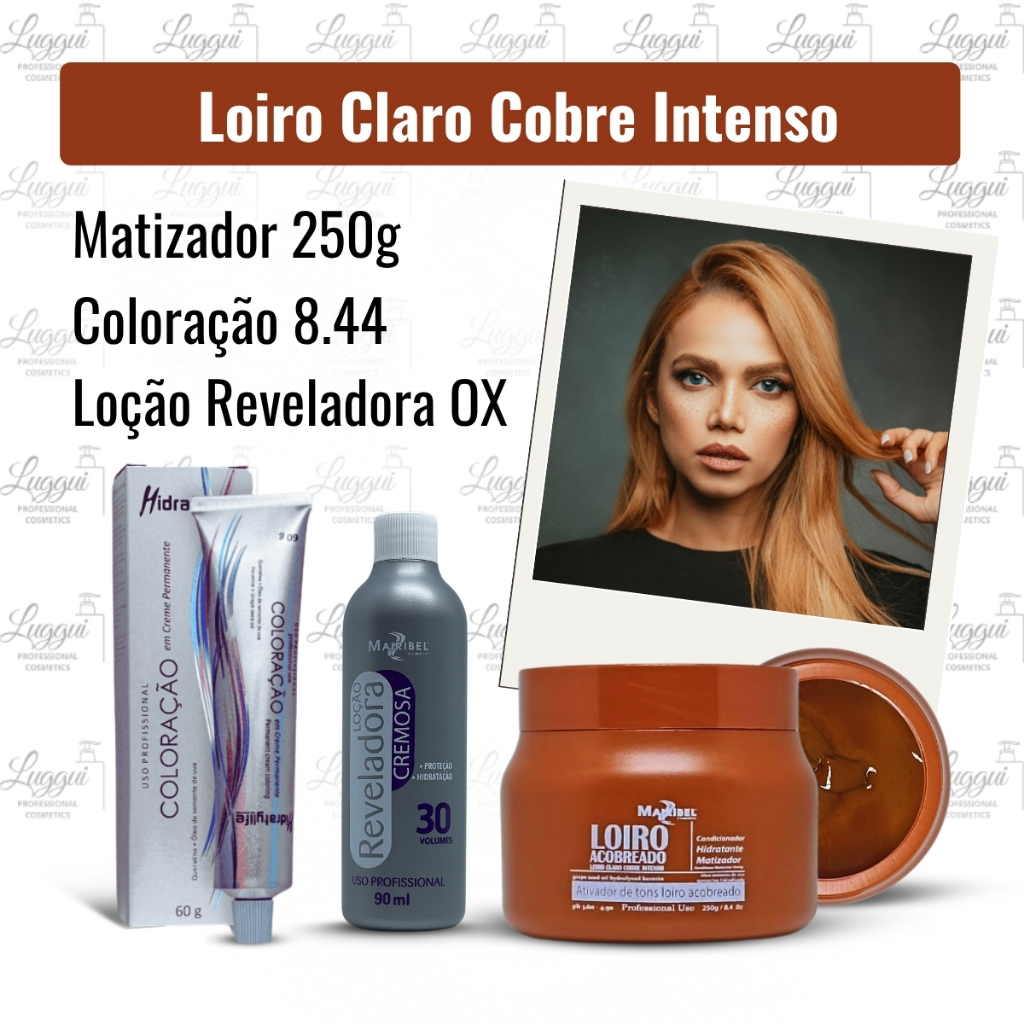 Combo Loiro Claro Acobreado com Coloração 8.44 + Matizador 250g + OX 30 vol. Mairibel