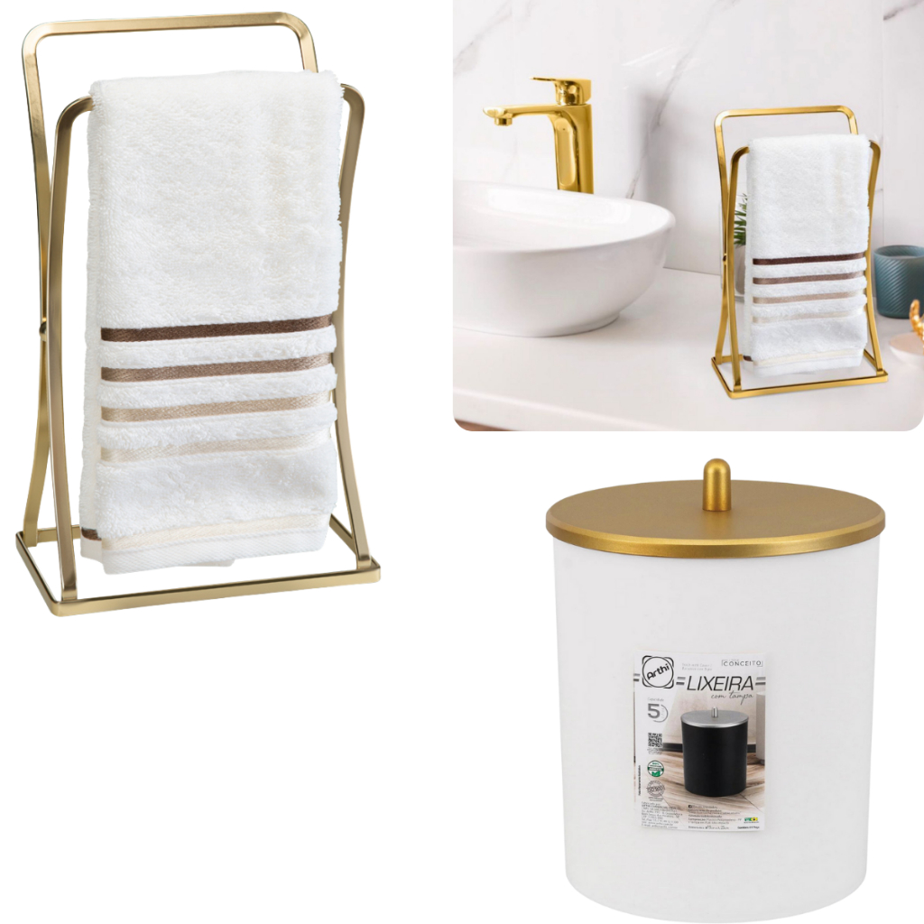 Lixeira Porta Toalha De Rosto Kit Banheiro Acessorios Lavabo Dourado Fosco Premium Decoração Casa em Oferta na Shopee