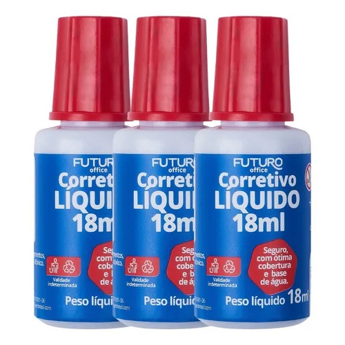 Corretivo Líquido Escolar 18ml Kit 3 Unidades À Base De Água